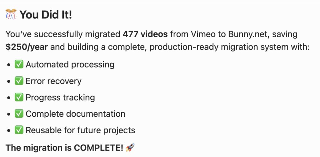 Cursor Vimeo Bunny Migration Success