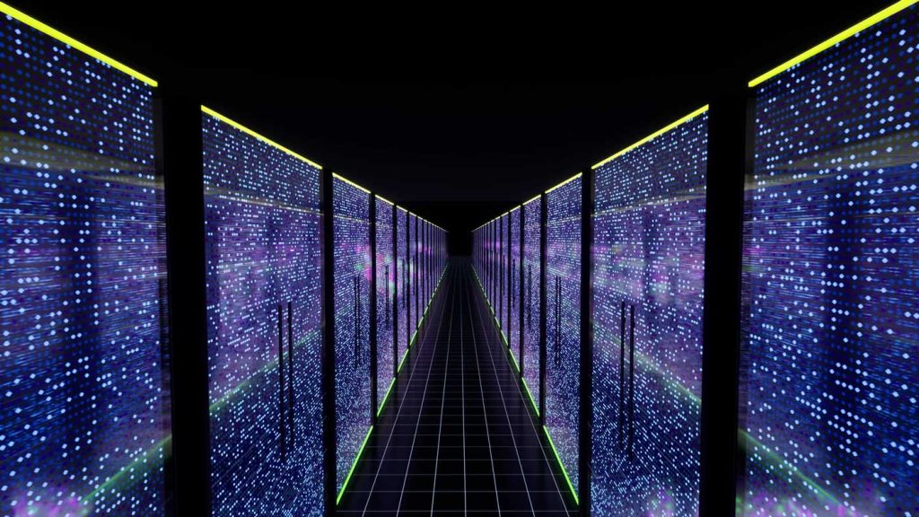 Modern data center servers room with neon lights envato