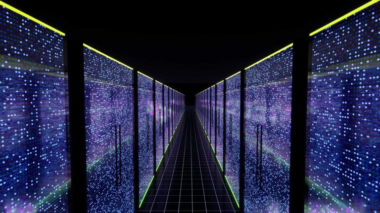 Modern data center servers room with neon lights envato