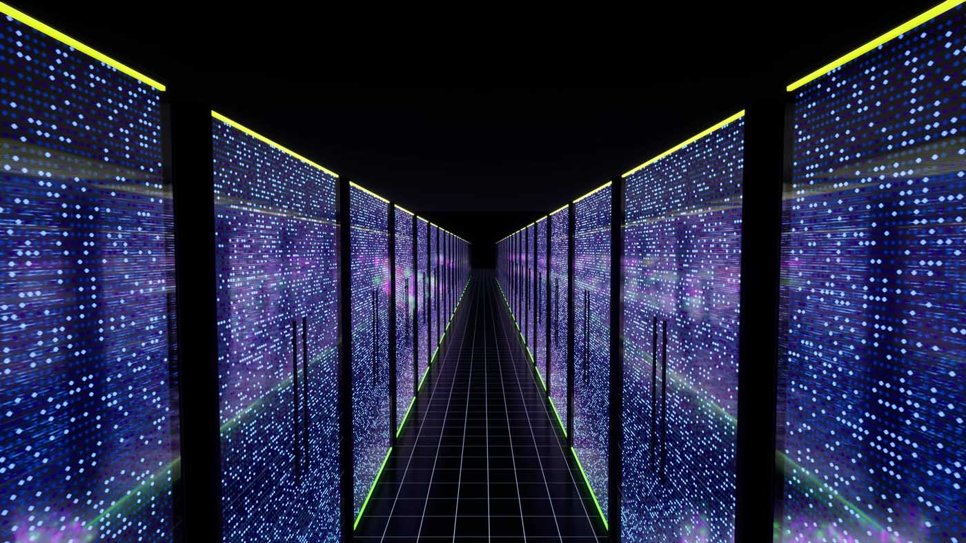 Modern data center servers room with neon lights envato
